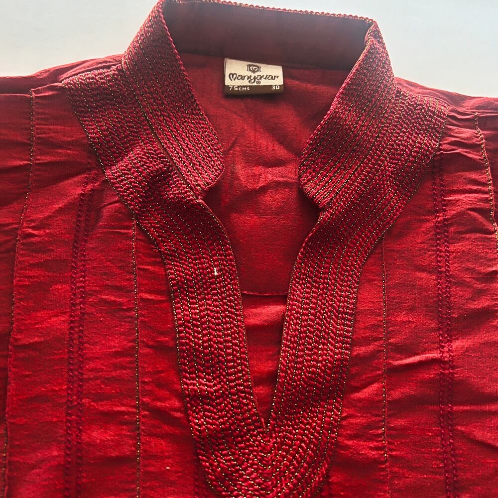 Manyavar 75cms Kurta Mens Size 30 Maroon w Gold Thread Cotton Long Sleeve Pocket